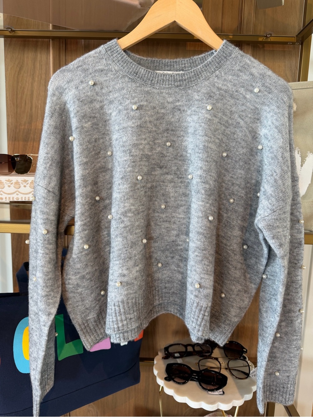 Splendid Gray Pearl-Accent Crewneck Sweater